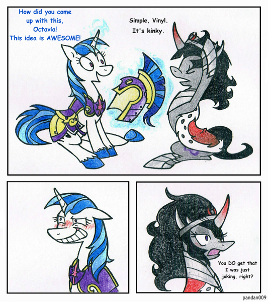 Size: 600x676 | Tagged: artist:pandan009, blushing, clothes, comic, cosplay, derpibooru import, king sombra, octavia melody, safe, shining armor, traditional art, vinyl scratch