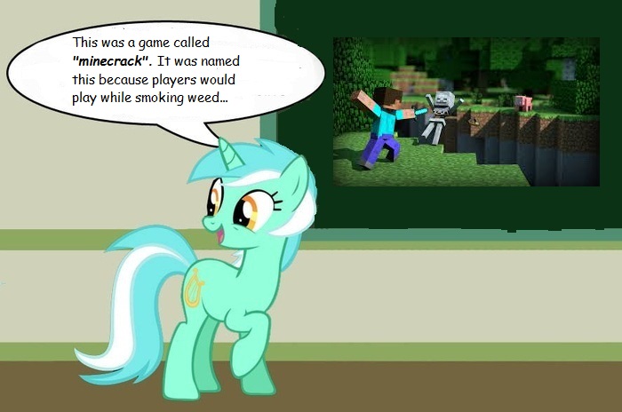 Size: 700x464 | Tagged: safe, artist:dragoj00, derpibooru import, lyra heartstrings, pony, unicorn, chalkboard, comic sans, dialogue, human studies101 with lyra, marijuana, meme, minecraft, mojang, open mouth, raised hoof, smiling