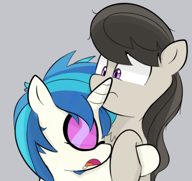 Size: 635x596 | Tagged: safe, artist:lance, derpibooru import, octavia melody, vinyl scratch, earth pony, pony, unicorn, chest fluff, drool, eyes closed, female, gray background, hug, lesbian, mare, open mouth, scratchtavia, shipping, shrunken pupils, simple background, sleeping, unicorn problems