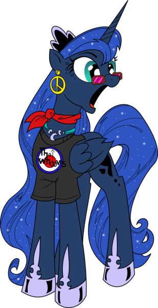 Size: 1029x1999 | Tagged: artist:andypriceart, artist:brunursus, ascot, clothes, derpibooru import, glasses, hippie, open mouth, peace symbol, princess luna, safe, shirt, simple background, solo, the who, transparent background, vector