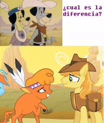 Size: 824x970 | Tagged: safe, derpibooru import, edit, screencap, braeburn, little strongheart, buffalo, earth pony, pony, over a barrel, braeheart, comparison, female, hanna barbera, male, shipping, spanish, straight, the good the bad and huckleberry hound