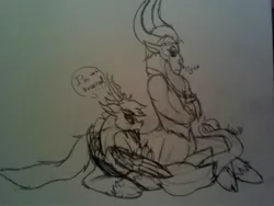 Size: 2048x1536 | Tagged: artist:legendcraft, bored, crossed arms, cute, derpibooru import, discord, discute, doodle, fluffy, frown, lord tirek, monochrome, prone, safe, sigh, sitting, sketch, tirebetes, tirekcord, traditional art
