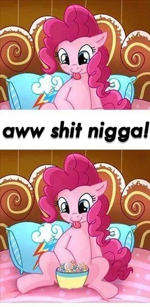 Size: 312x638 | Tagged: suggestive, artist:madmax, derpibooru import, edit, pinkie pie, earth pony, pony, bait and switch, bed, candy, comic, cutie mark pillow, female, forced meme, implied masturbation, lesbian, mare, meme, nigga, pillow, pinkiedash, shipping, tongue out, vulgar