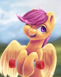 Size: 973x1233 | Tagged: artist:amishy, cute, cutealoo, derpibooru import, one eye closed, open mouth, safe, scootaloo, scooter, smiling, solo, wink