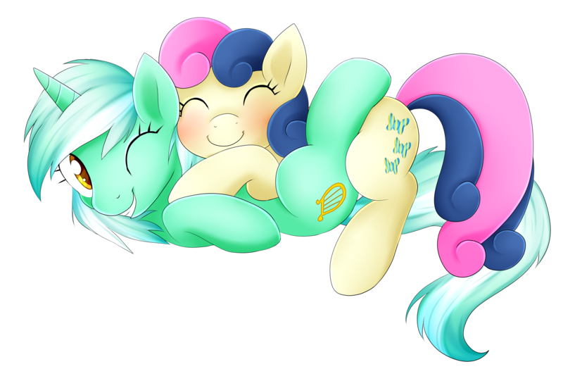 Size: 4500x2949 | Tagged: adorabon, artist:scarlet-spectrum, bon bon, cuddling, cute, derpibooru import, happy, lyrabetes, lyra heartstrings, safe, simple background, snuggling, sweetie drops, transparent background