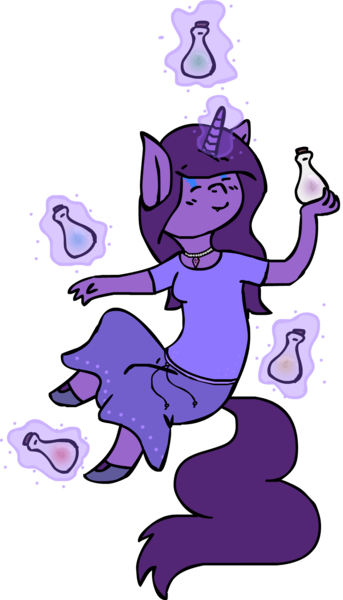 Size: 907x1587 | Tagged: safe, artist:ravenquill, derpibooru import, oc, oc:amethyst quill, unofficial characters only, anthro, unicorn, bottle, magic, simple background, solo, transparent background