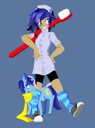 Size: 656x876 | Tagged: artist:techtechno, blue background, clothes, dentist, derpibooru import, human, humanized, human ponidox, leg warmers, minuette, safe, scarf, simple background, smiling, socks, striped socks, toothbrush