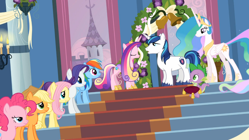 Size: 1366x768 | Tagged: a canterlot wedding, applejack, changeling, derpibooru import, disguise, disguised changeling, fake cadance, fluttershy, pinkie pie, princess cadance, princess celestia, queen chrysalis, rainbow dash, rarity, safe, screencap, shining armor, spike