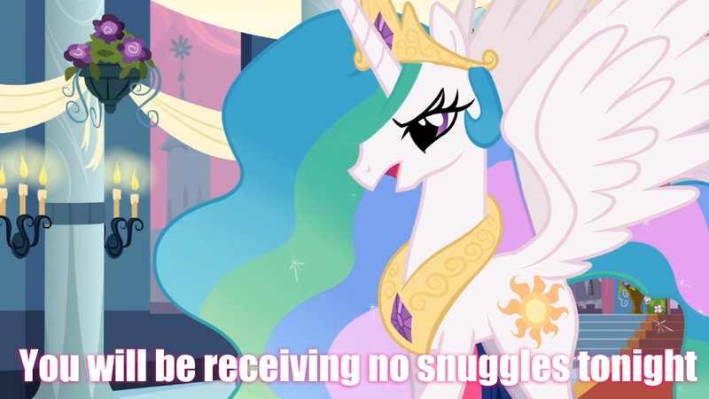 Size: 960x540 | Tagged: caption, derpibooru import, edit, edited screencap, image macro, meme, no snuggles, princess celestia, safe, screencap, solo