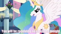 Size: 960x540 | Tagged: caption, derpibooru import, edit, edited screencap, image macro, meme, no snuggles, princess celestia, safe, screencap, solo