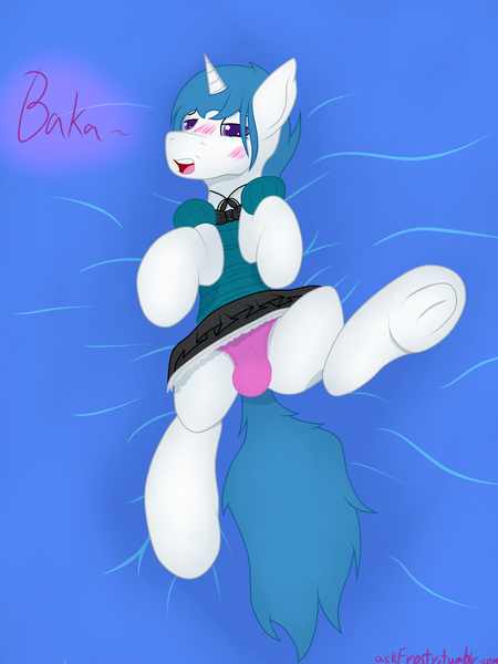 Size: 2947x3928 | Tagged: artist:frost stormwind, artist:frostyb, blushing, clothes, crossdressing, crotch bulge, cute, derpibooru import, maid, male, oc, oc:frost bright, panties, questionable, solo, underhoof, underwear, unofficial characters only