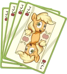 Size: 600x664 | Tagged: applejack, artist:assasinmonkey, derpibooru import, hatless, missing accessory, playing card, pun, safe, solo, visual pun