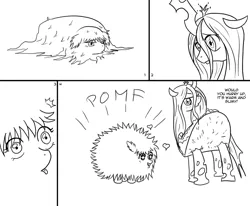 Size: 1308x1080 | Tagged: artist:mattwilson83, comic, derpibooru import, monochrome, oc, oc:fluffle puff, queen chrysalis, safe, taco costume