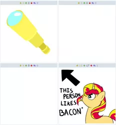 Size: 510x548 | Tagged: safe, derpibooru import, sunset shimmer, pony, derpibooru, arrow, bacon, cutie mark, exploitable meme, juxtaposition, juxtaposition win, meme, meta, telescope