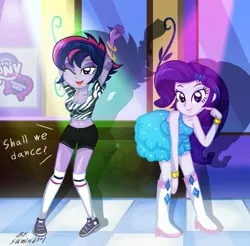 Size: 2254x2217 | Tagged: safe, artist:sumin6301, derpibooru import, rarity, twilight sparkle, equestria girls, alternate hairstyle, belly button, boots, clothes, fall formal outfits, hot pants, midriff, punklight sparkle, ring, shoes, stockings, wink