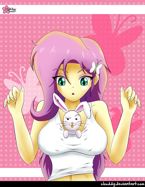 Size: 777x1000 | Tagged: suggestive, artist:clouddg, derpibooru import, angel bunny, fluttershy, equestria girls, breasts, busty fluttershy, female, humanized