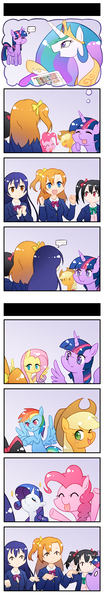 Size: 546x3089 | Tagged: safe, artist:sweetsound, derpibooru import, applejack, fluttershy, pinkie pie, princess celestia, rainbow dash, rarity, twilight sparkle, twilight sparkle (alicorn), alicorn, pony, 4koma, comic, crossover, honoka kousaka, kira buckland, love live! school idol project, mane six, nico yazawa, pixiv, sora tokui, suzuko mimori, textless, umi sonoda, voice actor joke