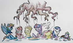 Size: 4169x2474 | Tagged: safe, artist:nicolaykoriagin, derpibooru import, applejack, fluttershy, pinkie pie, rainbow dash, rarity, spike, twilight sparkle, twilight sparkle (alicorn), alicorn, pony, castle sweet castle, female, golden oak chandelier, golden oaks chandelier, mane seven, mane six, mare, roots, table, traditional art