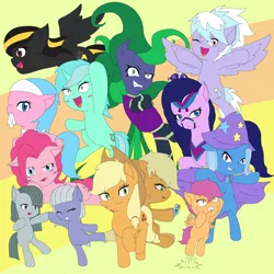 Size: 2000x2000 | Tagged: safe, artist:ankou, derpibooru import, aloe, amira, applejack, cloudchaser, limestone pie, lyra heartstrings, mane-iac, marble pie, midnight strike, pinkie pie, scootaloo, trixie, oc, pony, saddle arabian, unicorn, duality, female, mare, pixiv, scootaloo can't fly