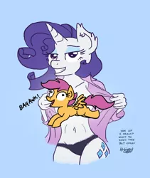 Size: 800x946 | Tagged: anthro, artist:greenlinzerd, belly button, black underwear, breasts, busty rarity, censored, clothes, cockblock, collarbone, derpibooru import, ear fluff, female, flashing, frilly underwear, looking at you, nudity, open clothes, open shirt, panties, pun, rarity, scootachicken, scootaloo, simple background, strategically covered, suggestive, underwear, visual pun