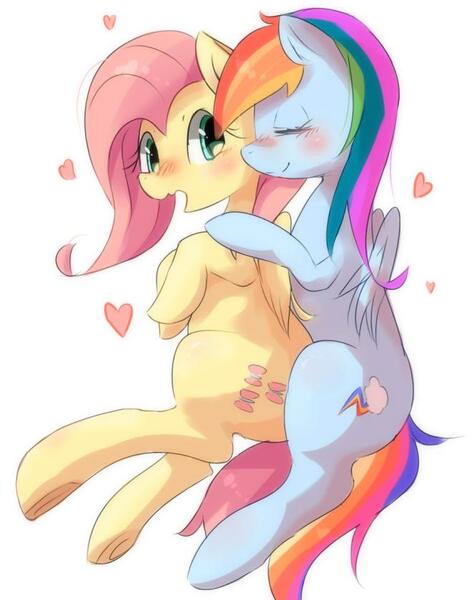 Size: 663x840 | Tagged: safe, artist:kora, derpibooru import, fluttershy, rainbow dash, backwards cutie mark, blushing, female, flutterdash, heart, lesbian, shipping