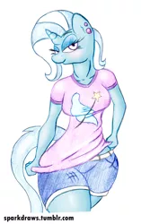 Size: 700x1112 | Tagged: anthro, artist:sparkdraws, bedroom eyes, blushing, clothes, derpibooru import, ear piercing, piercing, safe, shorts, traditional art, trixie, t-shirt, wide hips