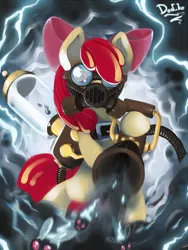 Size: 768x1024 | Tagged: safe, artist:don-ko, derpibooru import, apple bloom, earth pony, pony, twittermite, bloom and gloom, badass, bow, female, filly, gas mask, hair bow, pest control gear, solo, twitbuster apple bloom