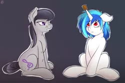 Size: 1800x1200 | Tagged: safe, artist:capseys, derpibooru import, octavia melody, vinyl scratch, earth pony, pony, unicorn, backwards cutie mark, bandaid, colored pupils, cork, critical hug failure, female, floppy ears, gradient background, horn guard, implied horn impalement, injured, mare, messy mane, open mouth, protection, red eyes, sitting, unicorn problems, wrong eye color