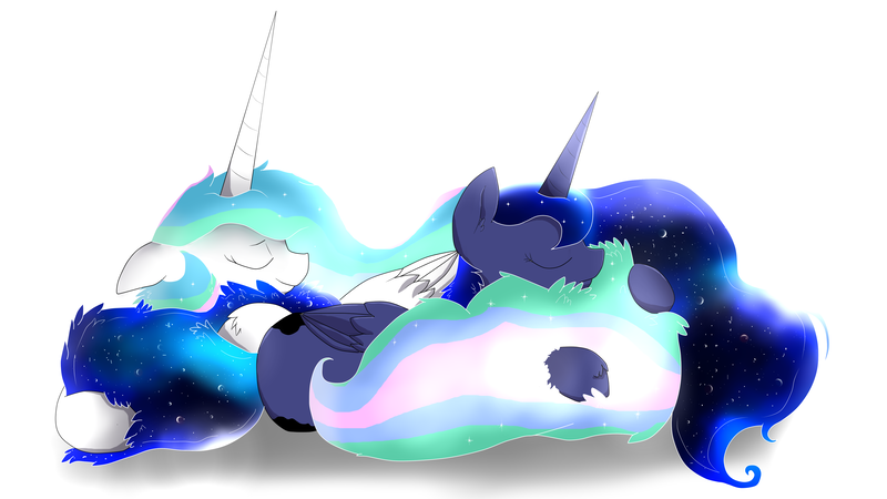 Size: 4160x2340 | Tagged: safe, artist:spacekut, derpibooru import, princess celestia, princess luna, sunburst, alicorn, pony, cuddling, cute, ear fluff, eyes closed, female, floppy ears, hoof fluff, hug, lunabetes, mare, missing accessory, smiling, snuggling, sunbetes, tail hug, tail pillow