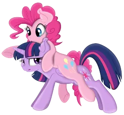 Size: 5029x4673 | Tagged: safe, artist:dfectivedvice, artist:illumnious, derpibooru import, pinkie pie, twilight sparkle, twilight sparkle (alicorn), alicorn, pony, .ai available, :o, absurd resolution, duo, female, frown, mare, pointing, ponies riding ponies, simple background, transparent background, underhoof, vector