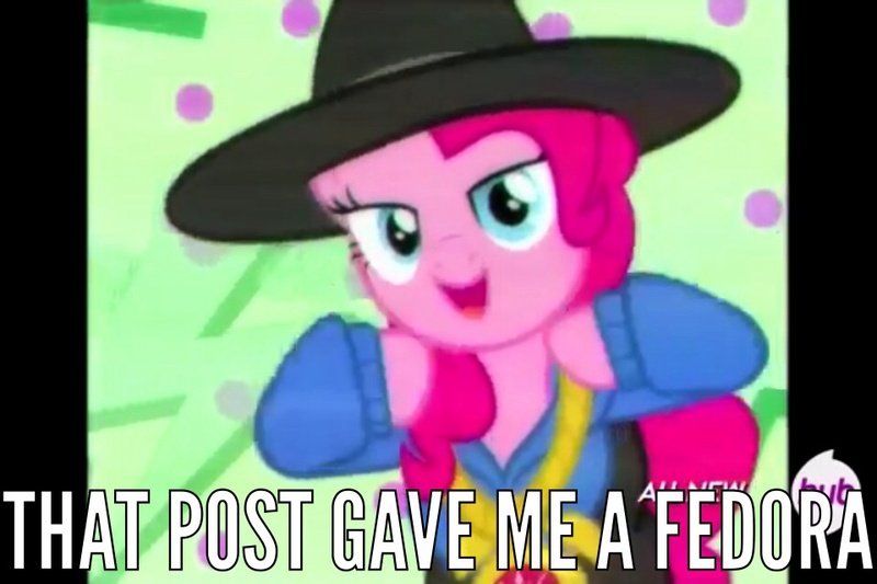 Size: 960x640 | Tagged: derpibooru import, fedora, hat, image macro, meme, pinkie pie, rapper pie, safe, screencap, solo, testing testing 1-2-3