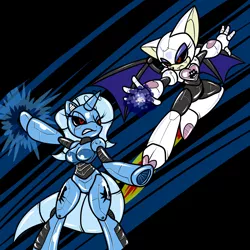 Size: 2000x2000 | Tagged: anthro, arm hooves, artist:tinker-tock, crossover, derpibooru import, eggman empire of equestria, fight, mecha, robot, roboticization, rouge the bat, safe, sonic the hedgehog (series), trixie, unguligrade anthro