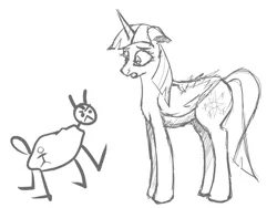 Size: 1600x1200 | Tagged: safe, artist:foxox, derpibooru import, twilight sparkle, twilight sparkle (alicorn), oc, oc:democracy, alicorn, pony, female, friendship is magic bitch, mare, monochrome, stick pony