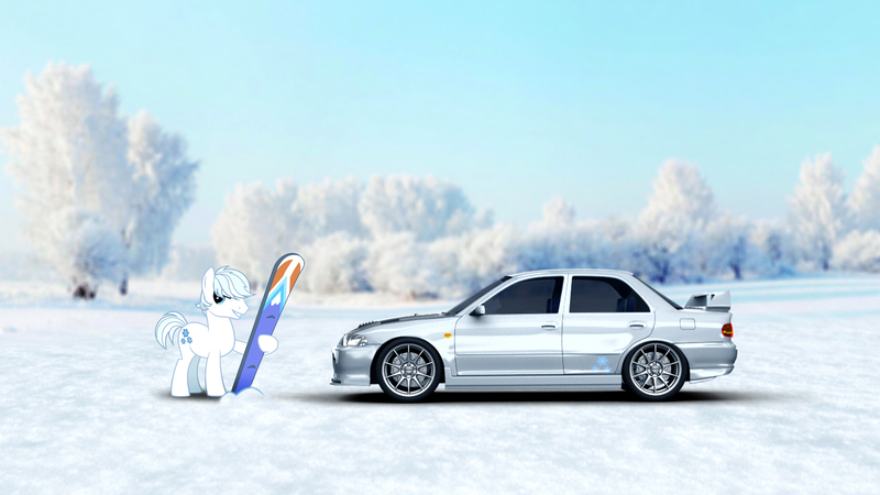 Size: 1450x816 | Tagged: artist:nsdrift, car, derpibooru import, double diamond, mitsubishi, mitsubishi lancer, mitsubishi lancer evolution i, safe, snowboard