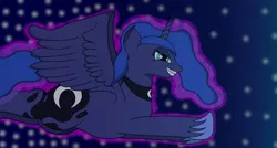 Size: 3302x1771 | Tagged: safe, artist:th3ph0b1ap0n3, derpibooru import, princess luna, alicorn, pony, anatomically incorrect, bedroom eyes, flying, particles, shading, solo, spread wings, the powder toy, vectorless wallpaper, wallpaper