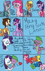 Size: 1920x3000 | Tagged: safe, artist:yourfavoritelove, derpibooru import, applejack, fluttershy, maud pie, ms. harshwhinny, pinkie pie, rarity, spike, twilight sparkle, twilight sparkle (alicorn), oc, oc:peach moon, alicorn, pony, appleshy, bazinga, clothes, comic, context is for the weak, costume, disguise, female, kissing, lesbian, male, mare, masking, maud suit, pinkie suit, ponysuit, rarity suit, shipping, sparity, spike suit, straight, wat