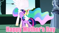 Size: 640x360 | Tagged: safe, derpibooru import, edit, edited screencap, screencap, princess celestia, twilight sparkle, alicorn, unicorn, friendship is magic, big crown thingy, castle of the royal pony sisters, cute, cutelestia, eyes closed, female, hug, image macro, mare, meme, momlestia, mother's day, pink text, text, twiabetes, unicorn twilight, wings