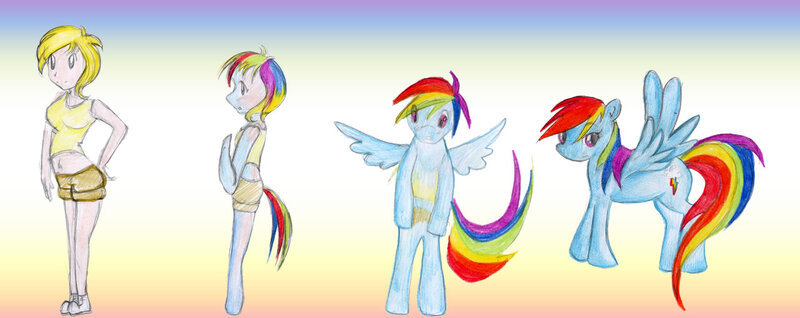 Size: 1280x509 | Tagged: artist:luxianne, belly button, clothes, derpibooru import, human to pony, midriff, rainbow dash, safe, tanktop, transformation, transformation sequence