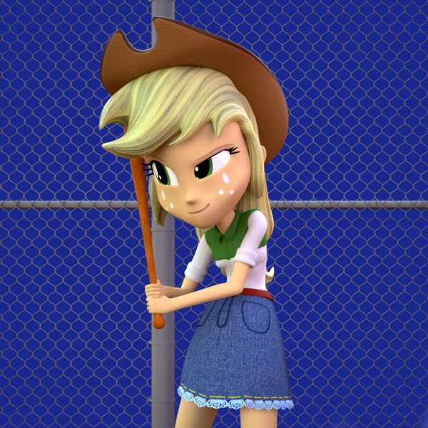 Size: 1000x1000 | Tagged: safe, artist:3d thread, artist:creatorofpony, derpibooru import, applejack, equestria girls, /mlp/, 3d, 3d model, baseball bat, blender, clothes, costanza face, denim skirt, ishygddt, meme, seinfeld, skirt, solo