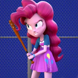 Size: 1000x1000 | Tagged: safe, artist:3d thread, artist:creatorofpony, derpibooru import, pinkie pie, equestria girls, /mlp/, 3d, 3d model, baseball bat, blender, clothes, costanza face, crazy face, faic, ishygddt, meme, nails, seinfeld, skirt, solo, spikes