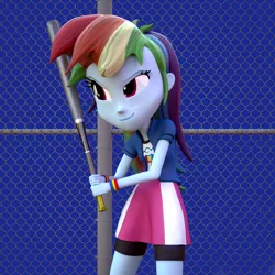 Size: 1000x1000 | Tagged: safe, artist:3d thread, artist:creatorofpony, derpibooru import, rainbow dash, equestria girls, /mlp/, 3d, 3d model, baseball bat, blender, clothes, costanza face, ishygddt, meme, seinfeld, skirt, solo, wristband