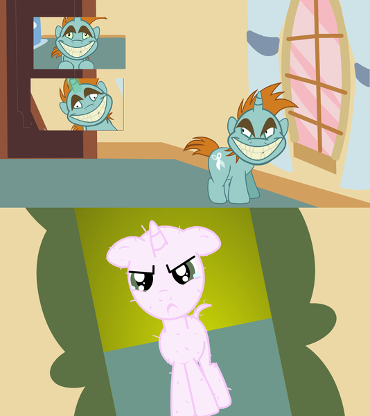 Size: 1281x1438 | Tagged: animated at source, artist:twitchy-tremor, courage the cowardly dog, crying, derpibooru import, edit, freaky fred, naughty, questionable, shaved, smiling, snips, sweetie bald, sweetie belle