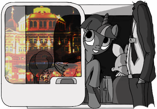 Size: 500x350 | Tagged: safe, artist:dantheman, derpibooru import, spike, twilight sparkle, twilight sparkle (alicorn), alicorn, human, pony, fanfic, fanfic:chrysalis visits the hague, car, chapter image, clothes, driver, fanfic art, female, fimfiction, fimfiction.net link, grayscale, hotel, id card, mare, mirror image, monochrome, necktie, netherlands, night, photomanipulation, pony on earth, smiling, suit, suitcase