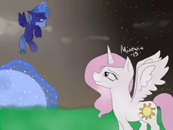 Size: 1400x1050 | Tagged: artist:misewio, cewestia, derpibooru import, filly, flying, magic, moon, moonrise, princess celestia, princess luna, safe, spread wings, woona