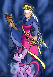 Size: 1400x2000 | Tagged: safe, artist:xain-russell, deleted from derpibooru, derpibooru import, twilight sparkle, twilight sparkle (alicorn), alicorn, pony, blindfold, clothes, cornucopia, crown, dress, fanfic art, female, fortune arcana, mare, persona, persona: the harmony arcana, tarot card, the wheel of fortune, tyche