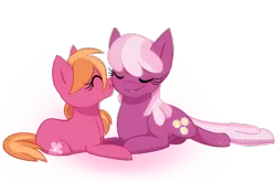 Size: 1000x660 | Tagged: artist:littaly, cheerilee, dead source, derpibooru import, duo, eyes closed, kissing, kiss on the cheek, mother and daughter, oc, oc:apple blossom, offspring, parent:big macintosh, parent:cheerilee, parents:cheerimac, safe