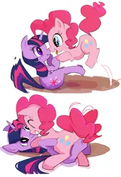 Size: 478x700 | Tagged: safe, artist:youhoujou, derpibooru import, pinkie pie, twilight sparkle, boop, cute, diapinkes, eye contact, eyes closed, female, glomp, grin, holding hooves, lesbian, noseboop, on back, open mouth, pounce, pronking, scrunchy face, shipping, smiling, tail wag, tongue out, twinkie