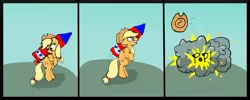 Size: 924x369 | Tagged: safe, derpibooru import, applejack, earth pony, pony, cartoon violence, comic, death, explosion, fail, female, grin, mare, reality ensues, rocket, silly, silly pony, solo, this ended in death, too dumb to live, who's a silly pony, wile e coyote did it