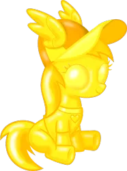 Size: 596x800 | Tagged: artist:lumorn, clothes, derpibooru import, edit, fangirl, filly, gold, hat, heart, noi, rainbow dash fanclub, safe, shirt, simple background, sitting, smiling, solo, statuette, transparent background, t-shirt, vector, wings