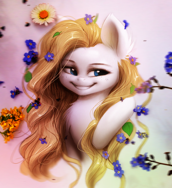 Size: 1871x2047 | Tagged: safe, artist:katputze, derpibooru import, oc, oc:cobalt tangle, unofficial characters only, earth pony, pegasus, pony, chest fluff, ear fluff, flower, realistic, solo, traditional art